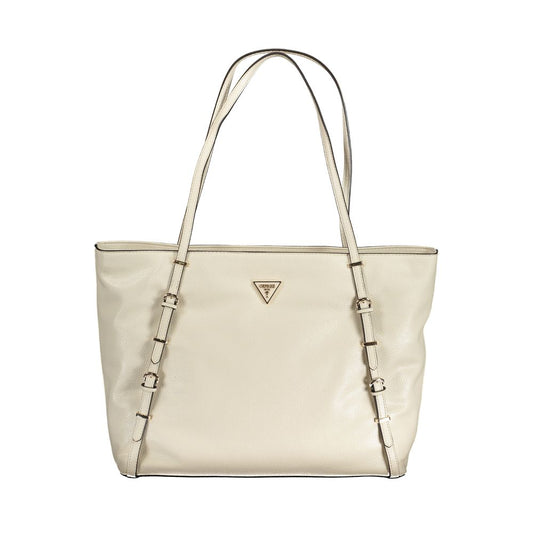 Guess Jeans Beige Polyethylene Handbag with dual shoulder handles and zip closure, featuring logo and protective feet.