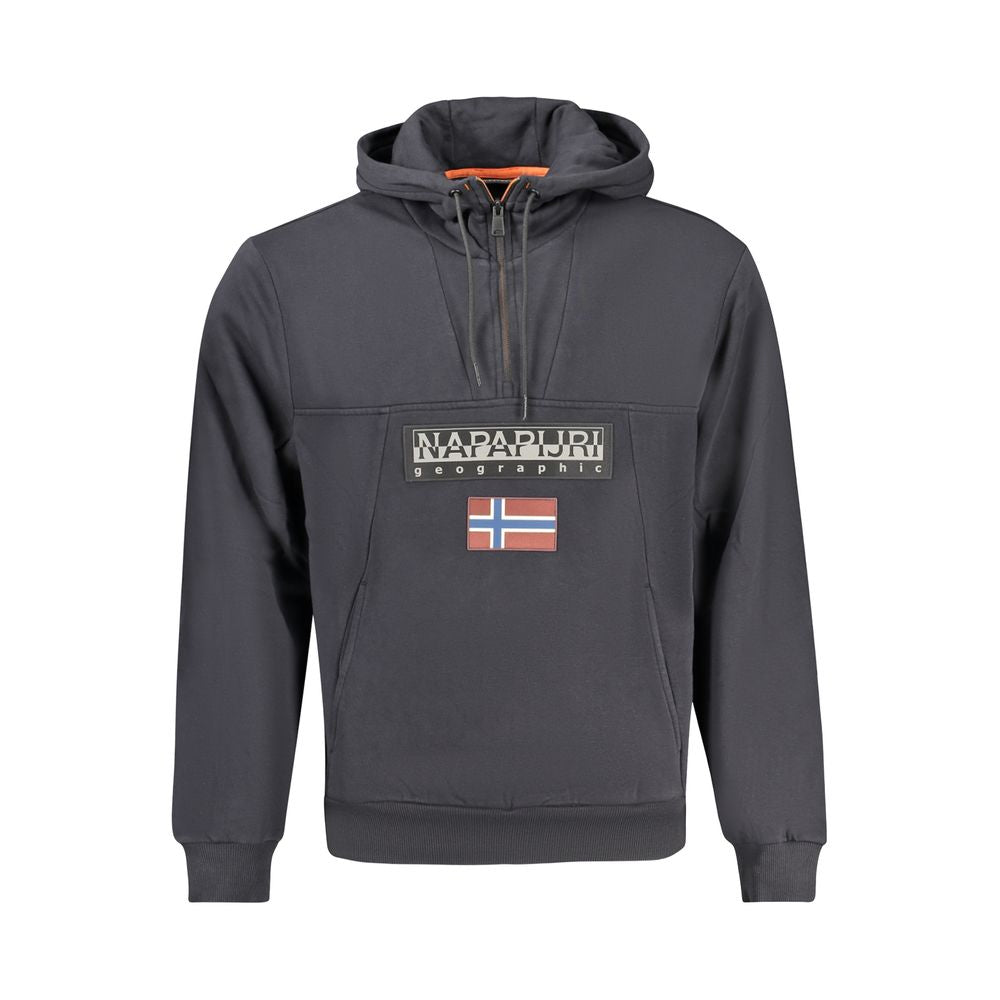 Napapijri Black Cotton Men Hoodie with half-zip, logo, and twin pockets, crafted from 70% organic cotton for style and comfort.