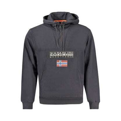 Napapijri Black Cotton Men Hoodie with half-zip, logo, and twin pockets, crafted from 70% organic cotton for style and comfort.