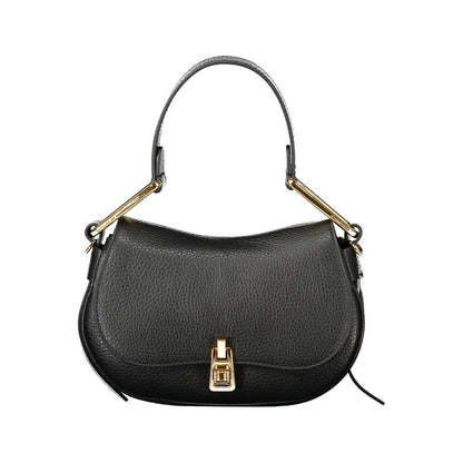 Coccinelle Black Leather Handbag with adjustable strap, internal pocket, and twist closure