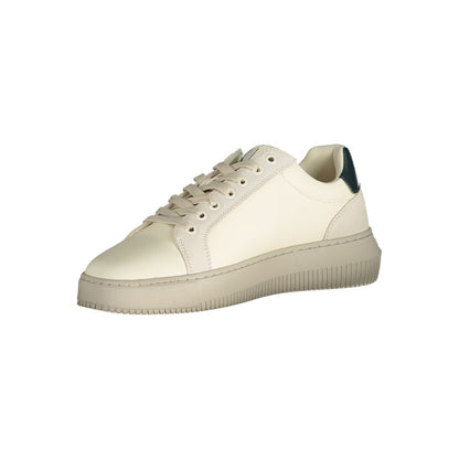 Calvin Klein White Polyester Sneaker with contrasting details, laces, and recycled materials. Stylish sports shoe with logo.