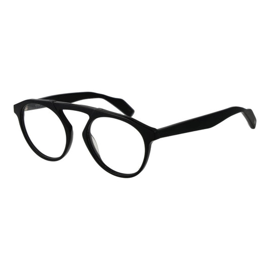 Yohji Yamamoto Black Men Glasses Frame, full-rim aviator style, plastic material, demo lenses, size 50-20-145, includes branded soft case.