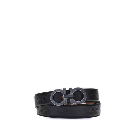Ferragamo Black Calf Leather Bos Taurus Regular Belt with Gancini buckle and ruthenium finish, elegant and adjustable accessory.