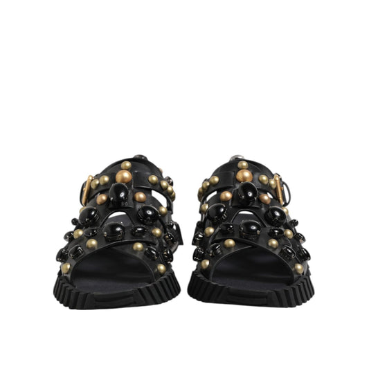 Dolce & Gabbana Black Leather Studded Ankle Strap Sandals Shoes
