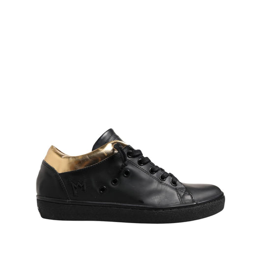 Leather Crown Black Gold Lace Up Low Top Women Sneakers Shoes