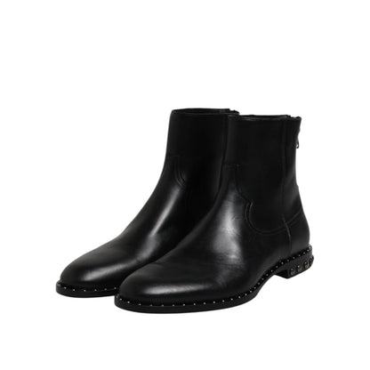 Dolce & Gabbana Black Leather Logo Ankle Boots Studded Shoes