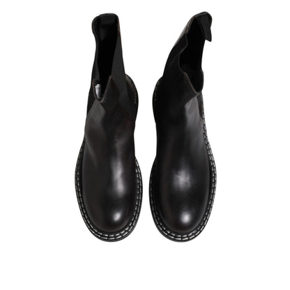 Dolce & Gabbana Black Leather Mid Calf Boots Flats Shoes