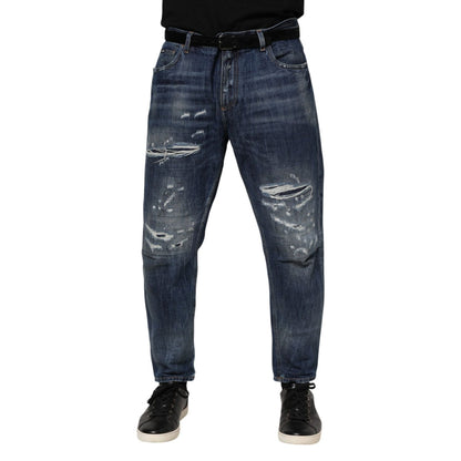 Dolce & Gabbana Blue Cotton Tattered Tapered Men Denim Jeans