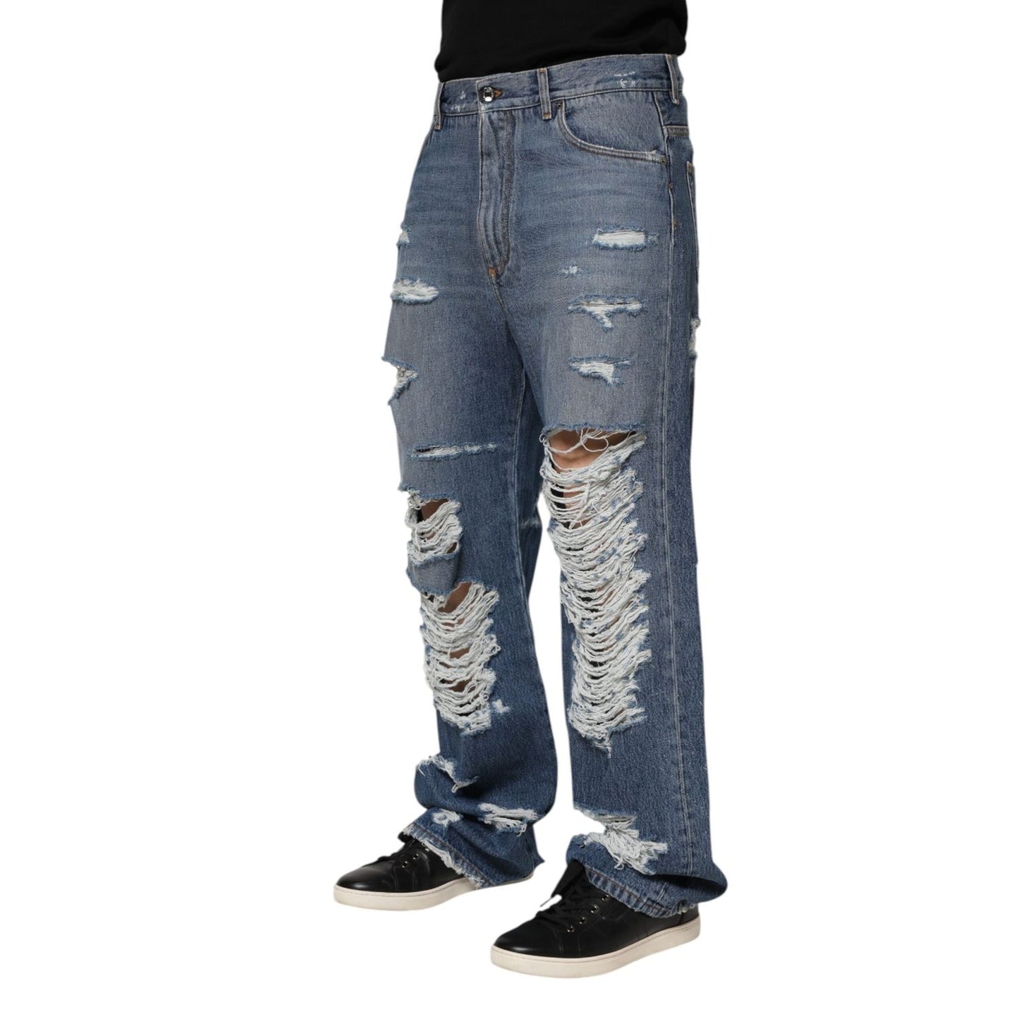 Dolce & Gabbana Blue Tattered Cotton Logo Plaque Denim Jeans