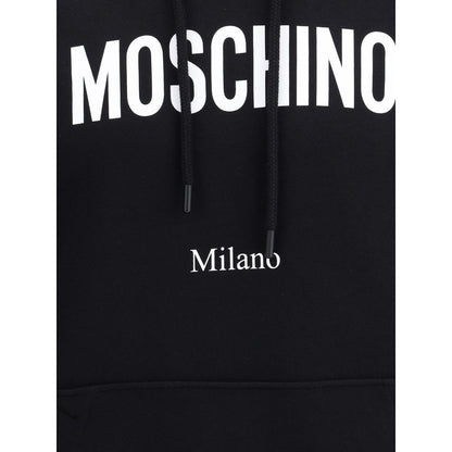 Moschino Black Cotton Sweatshirt with white monogram and drawstring hood, front pouch pocket, showing contemporary design detail.