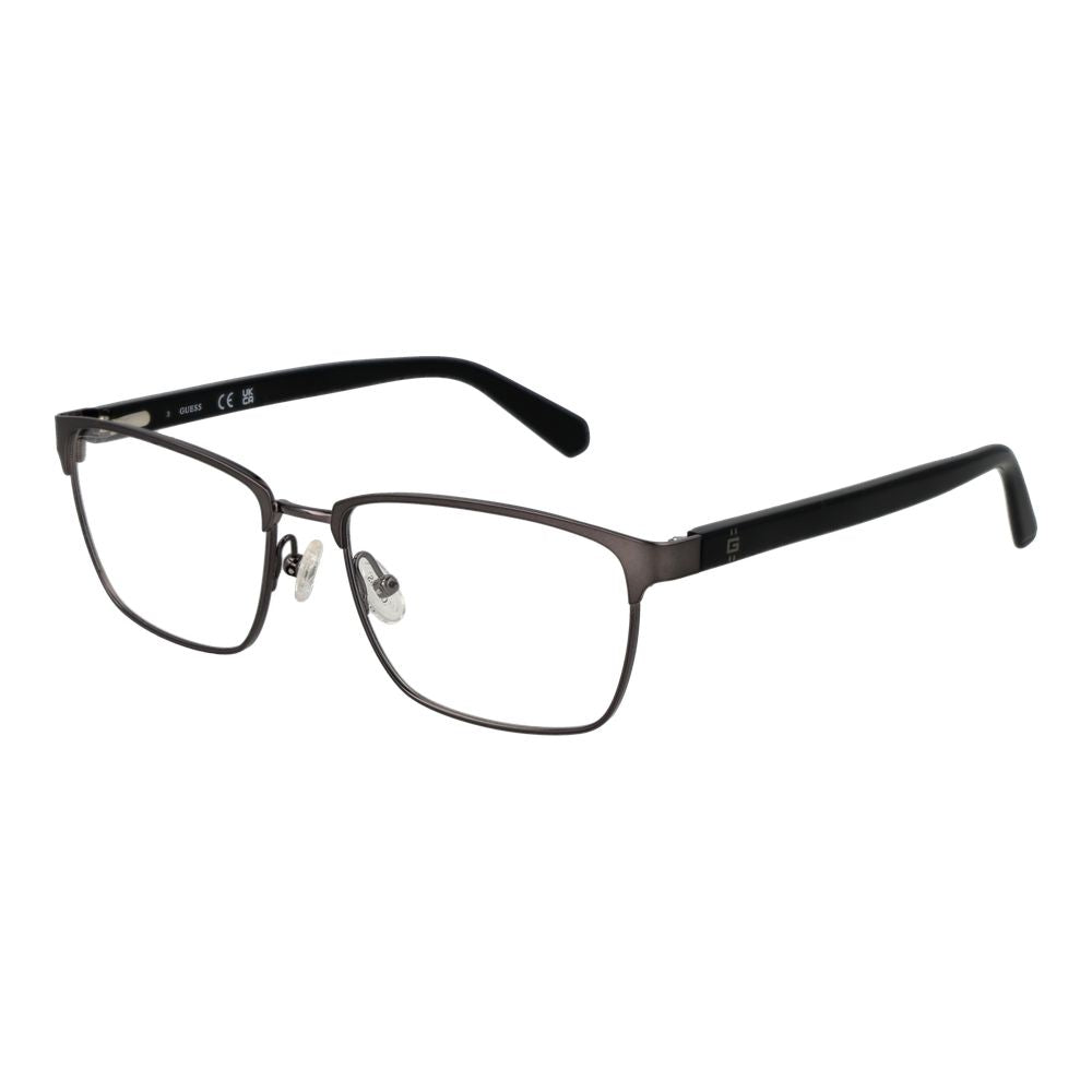 Guess Gray Men Glasses Frame in gunmetal color with full-rim metal style, rectangle shape, size 55-17-145, includes branded case.