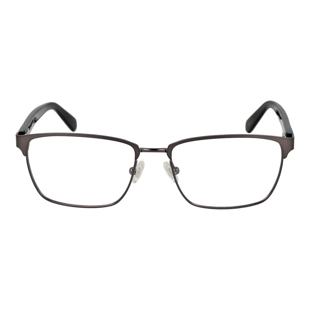 Guess Gray Men Glasses Frame in gunmetal full-rim rectangle style with demo plastic lenses, 55-17-145 size, includes branded case.