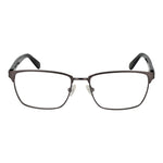Guess Gray Men Glasses Frame in gunmetal full-rim rectangle style with demo plastic lenses, 55-17-145 size, includes branded case.