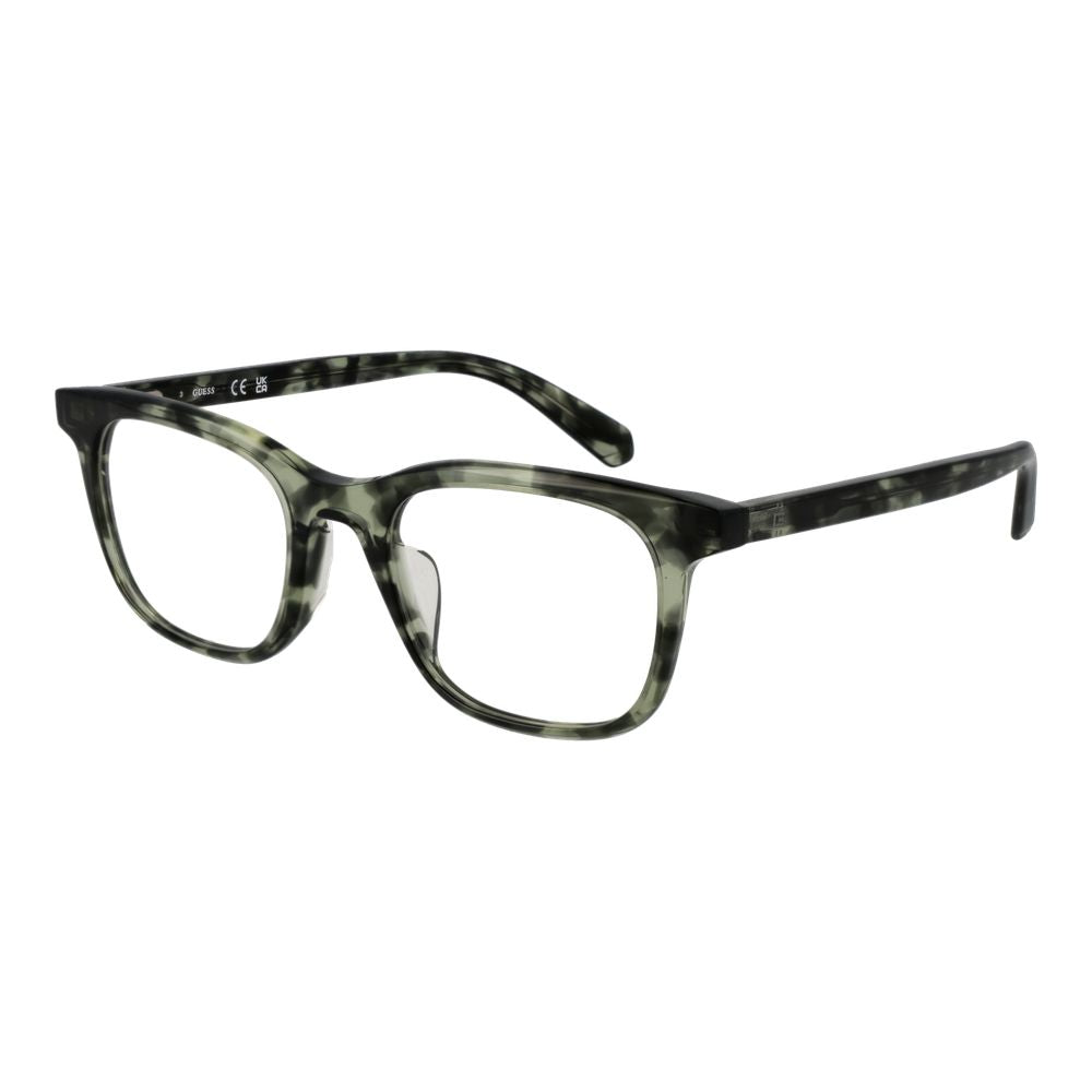Guess Green Men Glasses Frame with acetate full-rim square style and demo lenses, featuring spring hinge. Includes branded case.