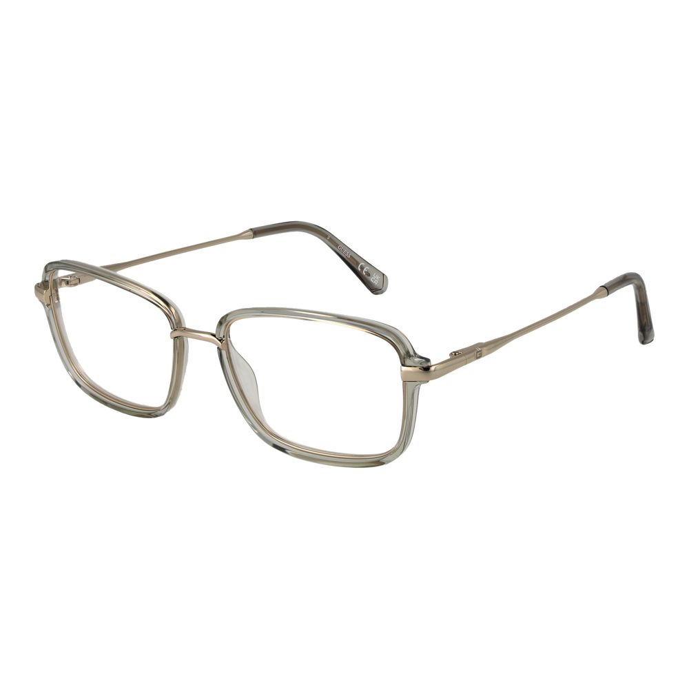 Guess Gray Men Glasses Frame in stainless steel, full-rim rectangle style with demo grey plastic lenses, size 54-17-145, includes branded case.