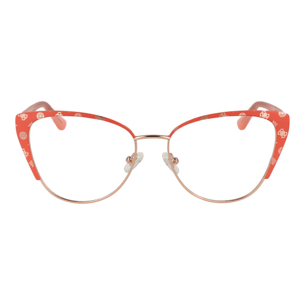 Guess Orange Women Glasses Frame, cat eye style with full-rim metal frame and demo lenses, size 53-16-145, includes branded case.