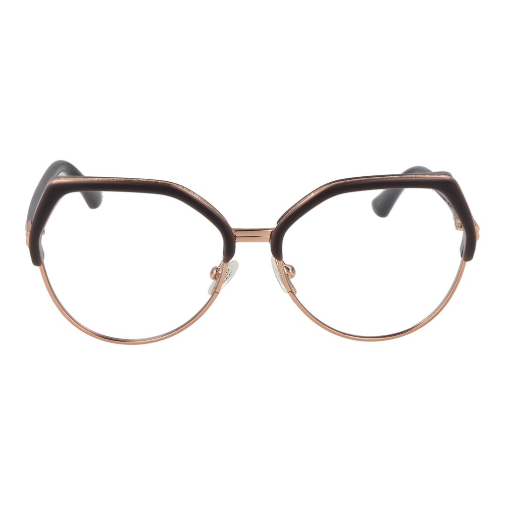Front view of stylish round full-rim eyeglasses with a dark frame and metallic accents.
