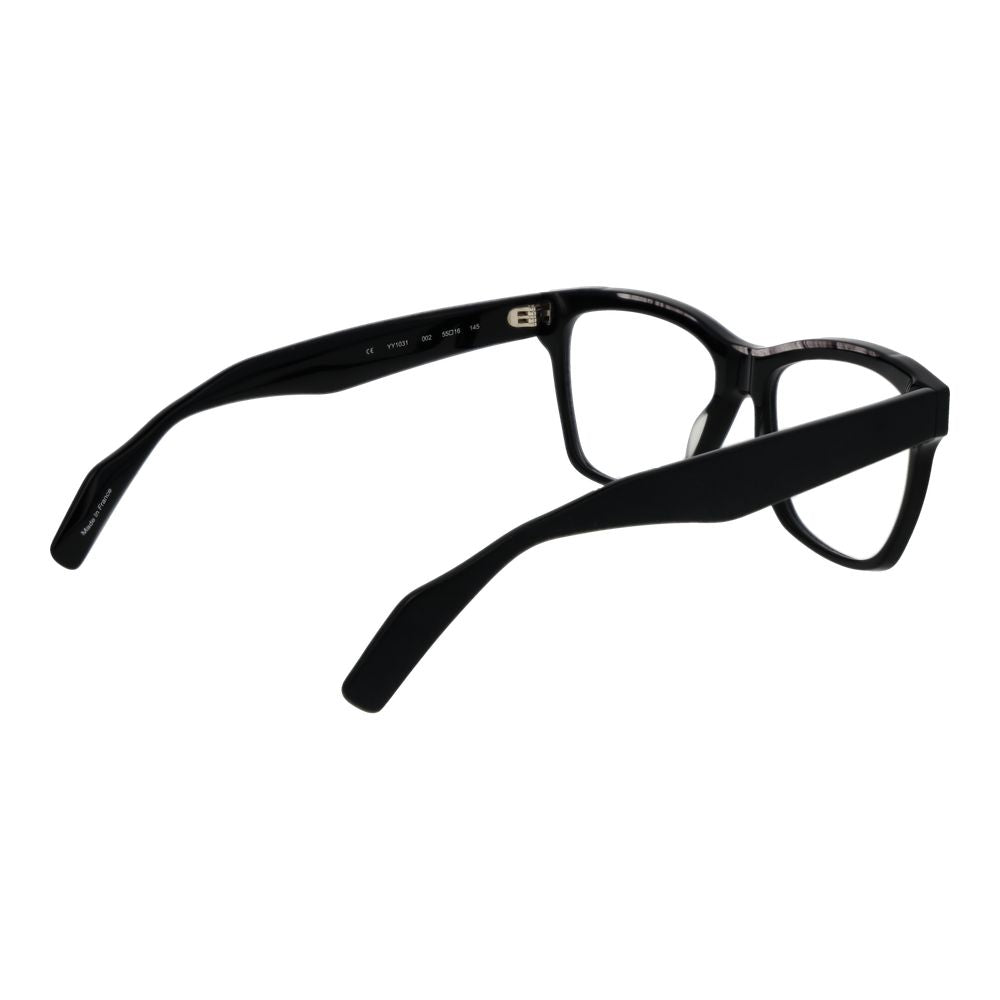 Yohji Yamamoto Black Unisex Glasses Frame, acetate full-rim with demo lenses, rectangle style, size 55-16-145, includes branded soft case.