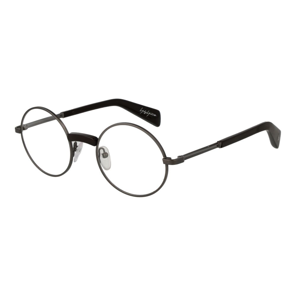 Yohji Yamamoto Gray Men Glasses Frame in metal, full-rim round style, grey color, 48-21-145 size, with demo lenses, branded soft case included.