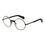 Yohji Yamamoto Gray Men Glasses Frame in metal, full-rim round style, grey color, 48-21-145 size, with demo lenses, branded soft case included.