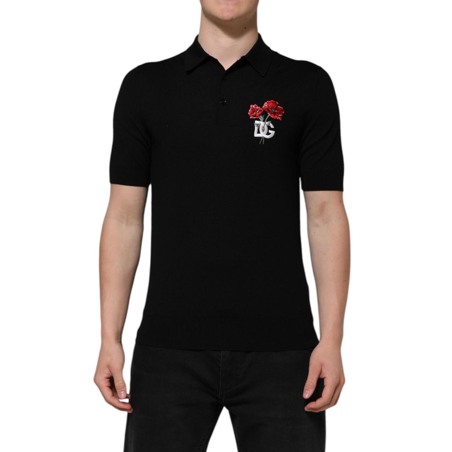 Dolce & Gabbana Black Wool DG Logo Rose Collared Polo T-shirt