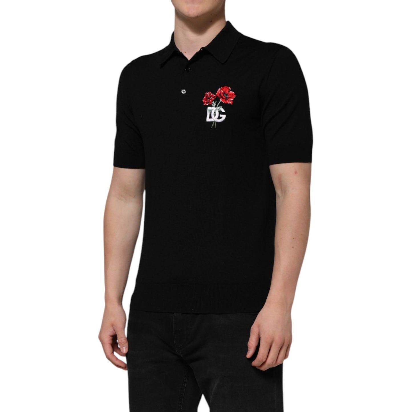 Dolce & Gabbana Black Wool DG Logo Rose Collared Polo T-shirt