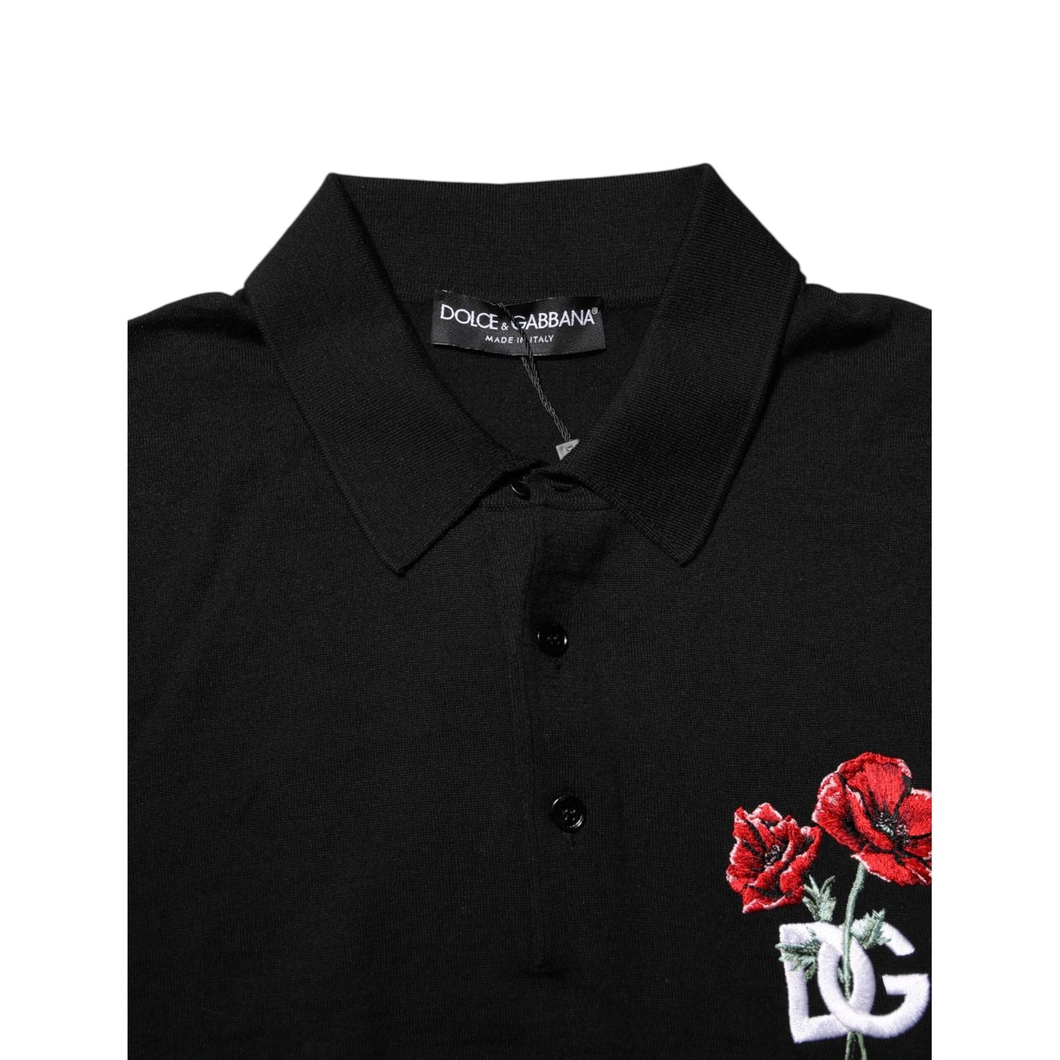 Dolce & Gabbana Black Wool DG Logo Rose Collared Polo T-shirt