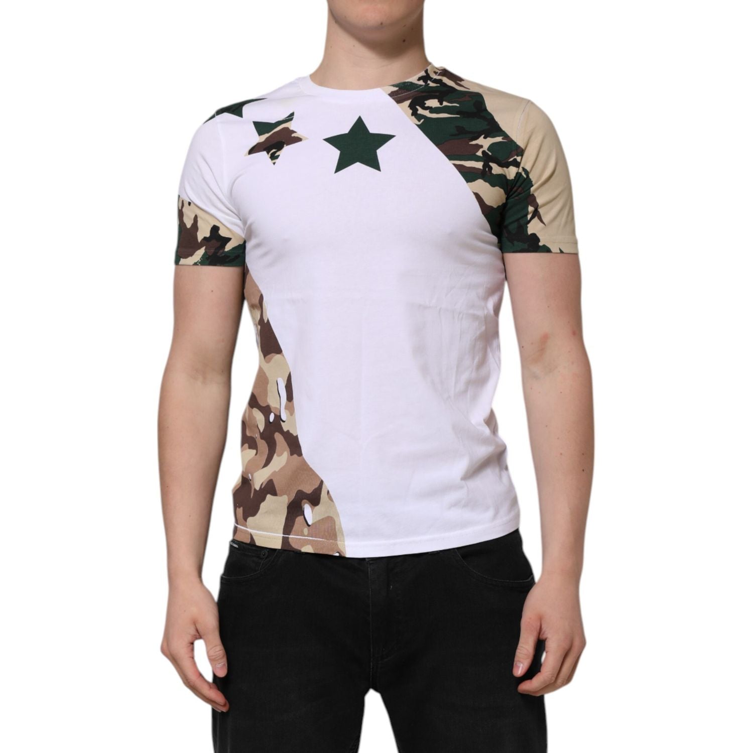 Dolce & Gabbana White Camouflage Cotton Men Crew Neck T-shirt
