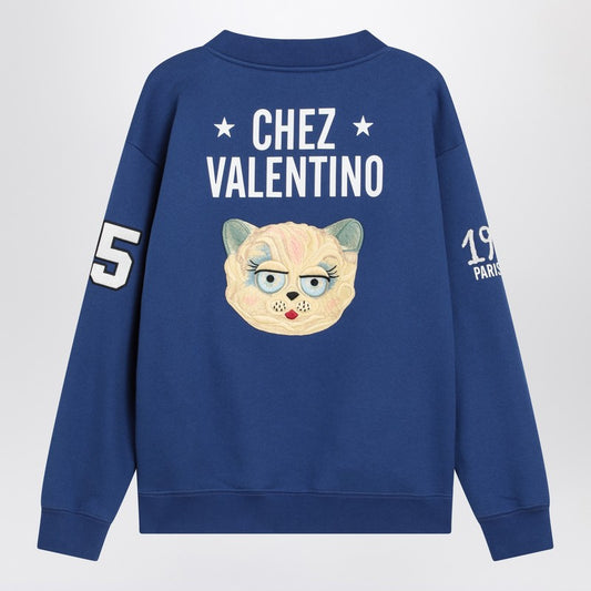 Valentino Blue sweatshirt with V and Le Chat de la Maison embroidery