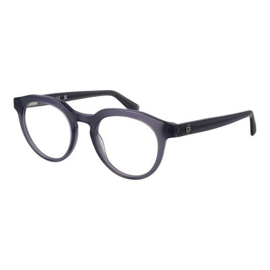 Guess Gray Men Glasses Frame in full-rim round style, grey acetate material, 49-20-145 size with demo lenses, includes branded case.