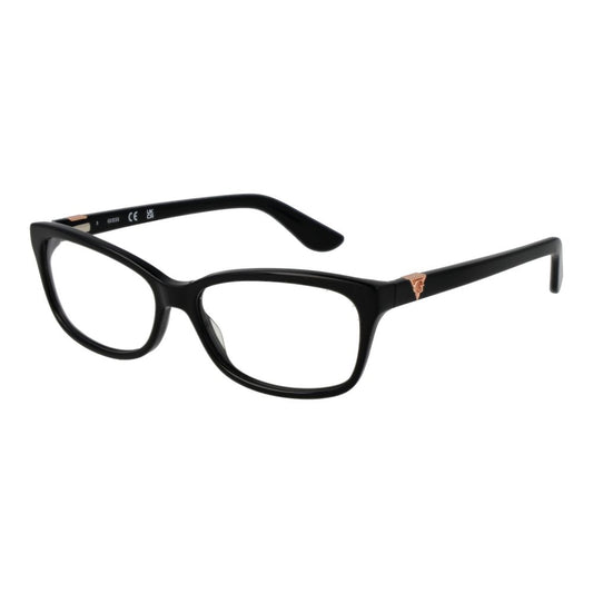 Guess Black Women Glasses Frame in acetate, full-rim, rectangular style with 53-14-140 size, black color, demo lenses.