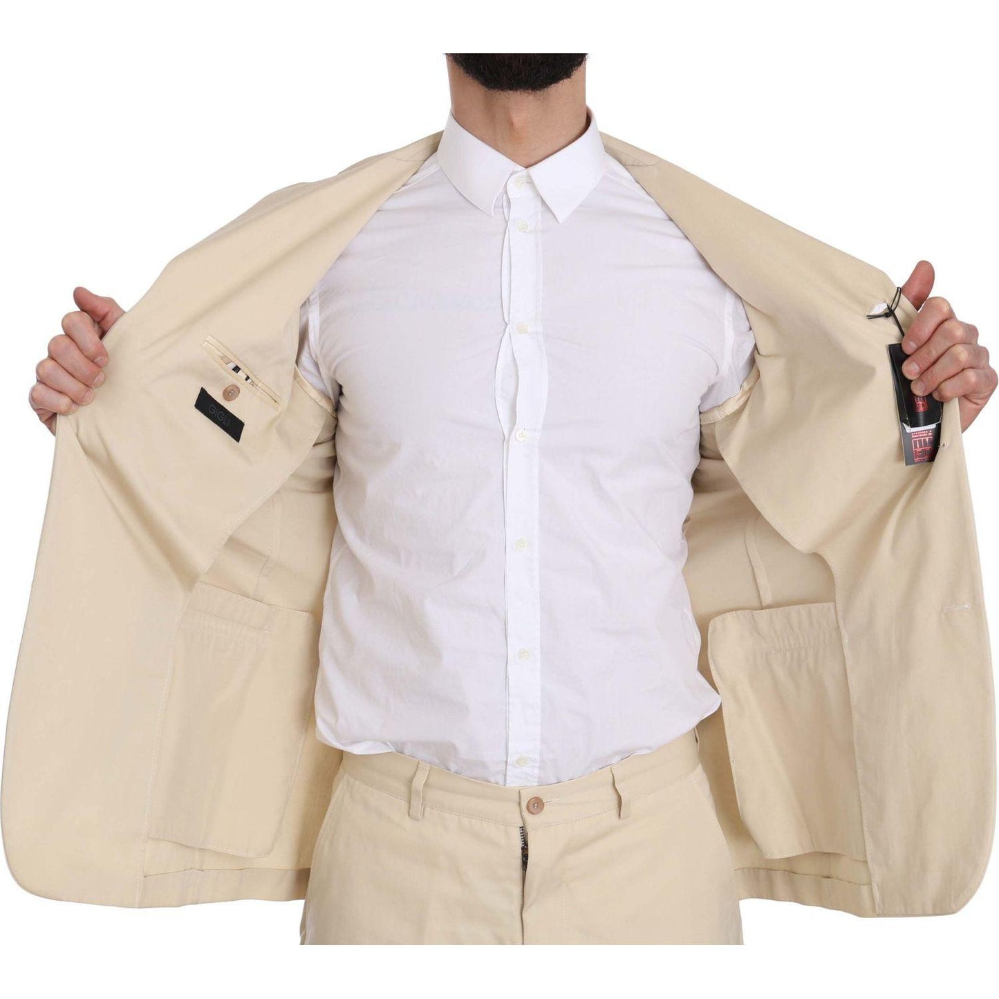 Romeo Gigli Two Piece 3 Button Beige Cotton Solid Suit Suit