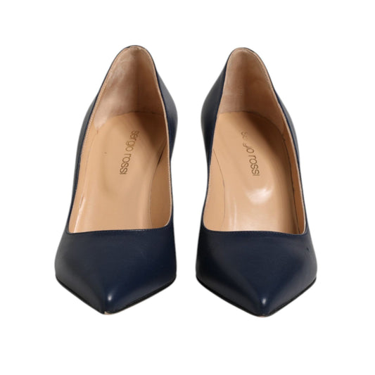 Sergio Rossi Blue Leather Pointed Toe Block Heels Shoes LA12559-36
