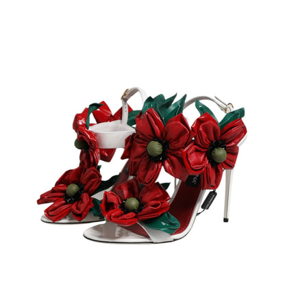 Dolce & Gabbana White Leather Floral Detailing Sandals Shoes