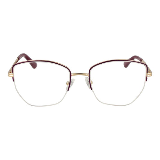 Guess Purple Women Glasses Frame with metal half-rim geometric design, demo lenses, and spring hinge. Includes branded case. Size 53-18-140.