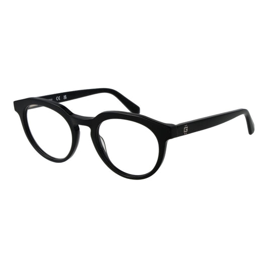 Alt Tag: Guess Black Men Glasses Frame in acetate full-rim design with round style, demo lenses, and spring hinge, includes branded case.