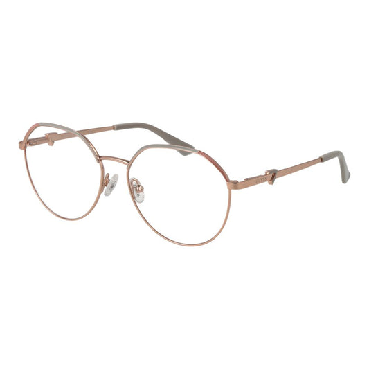 Guess Rose Gold Women Glasses Frame with metal round full-rim design, demo lenses, and spring hinge, including branded case.