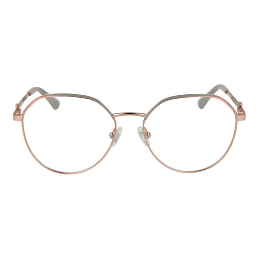 Front view of Guess Rose Gold Women Glasses Frame, full-rim metal frame with demo lenses, round style, spring hinge, includes branded case.