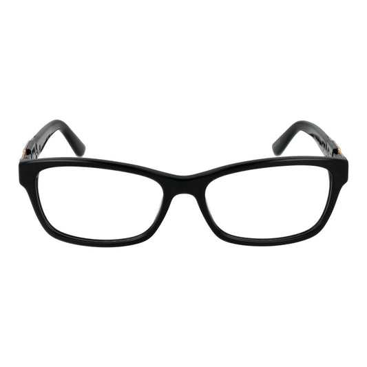 Guess Black Women Glasses Frame, black acetate full-rim rectangular eyeglasses with demo lenses, size 55-16-145, includes branded case.