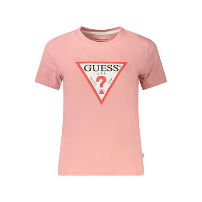 Guess Jeans Pink Cotton Women T-Shirt with logo, short-sleeved crew-neck top.