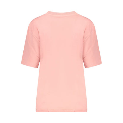 Back view of Guess Jeans Pink Cotton Women T-Shirt showcasing oversized fit and organic cotton material.
