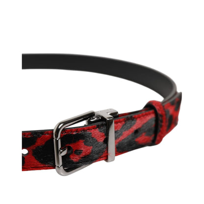 Dolce & Gabbana Black Red Leopard Silver Metal Buckle Belt