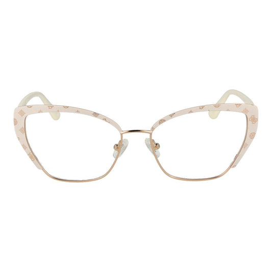 Guess White Women Glasses Frame, full-rim butterfly style with white metal frame, spring hinge, includes branded case.