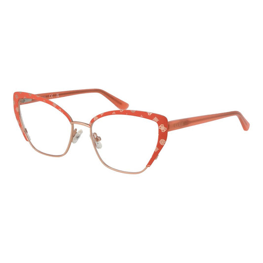 Guess Orange Women Glasses Frame, full-rim metal cat eye design with demo lenses, size 54-16-145, includes branded case.