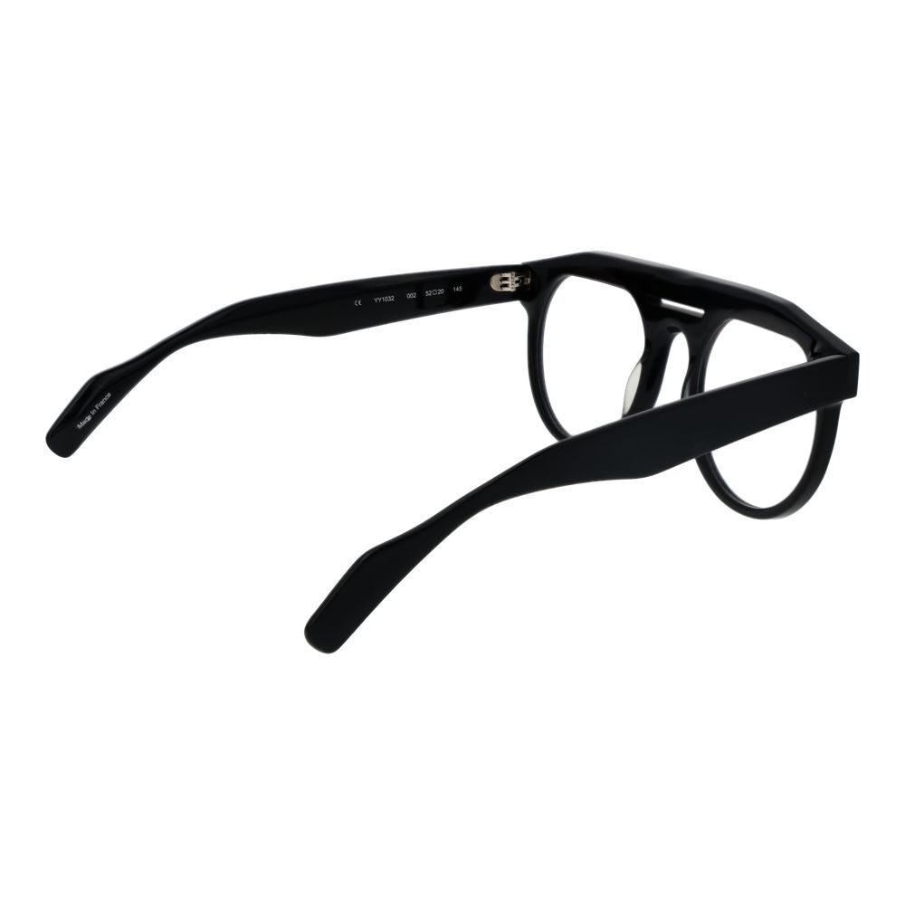 Yohji Yamamoto Black Men Glasses Frame, full-rim design, plastic material, black color, round style, demo lenses, includes branded soft case.
