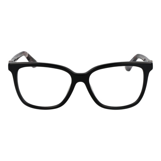 Guess Black Women Glasses Frame with full-rim plastic and rectangle style, demo lenses, and spring hinge.
