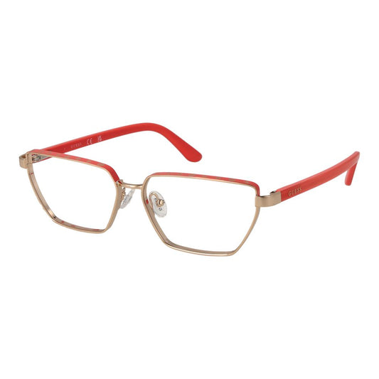 Guess Gold Women Glasses Frame in cat-eye style with full-rim metal construction, demo lenses, and red temples.