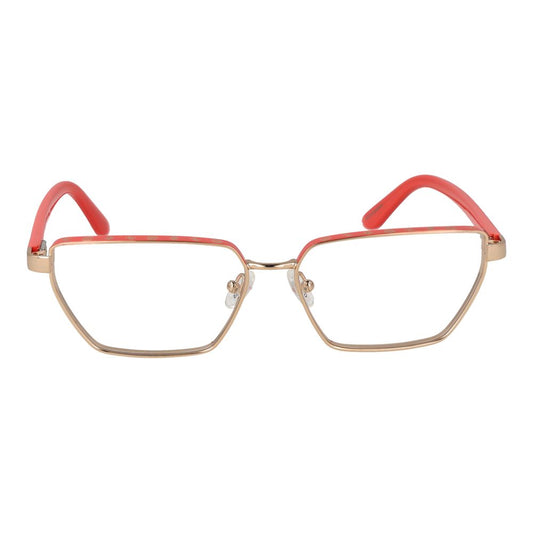 Guess Gold Women Glasses Frame, full-rim cat eye style with metal gold frame and red temples, 55-14-140 size, includes branded case.