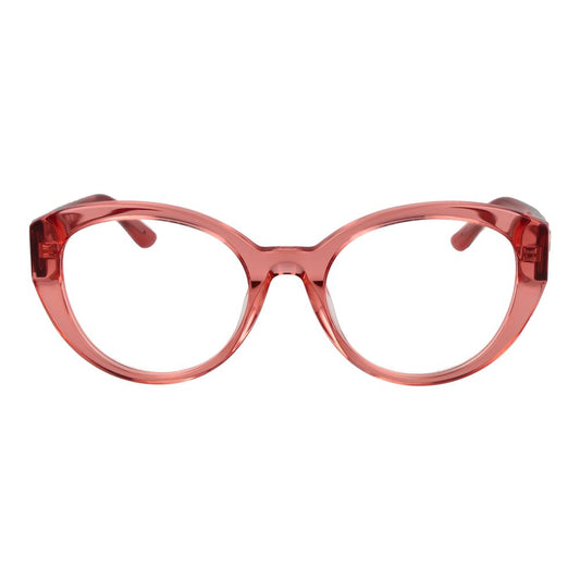 Guess Pink Women Glasses Frame in rose acetate, full-rim round style with demo lenses, size 53-19-140, includes branded case.