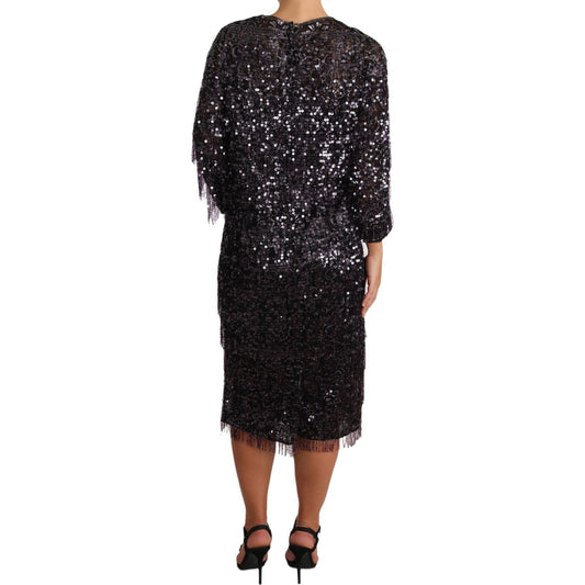 Dolce & Gabbana Black Sequined Long Sleeve Shift Midi Dress DR1929-42